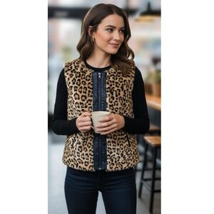 PROMESA Women’s Animal Print Vest Sz Small Full Zip Sleeveless Pockets Faux Fur
